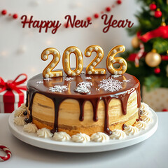Christmas cake 2026, melting chocolate, golden numbers 2026,new year celebration, Christmas background, Christmas gift box, creem cake 