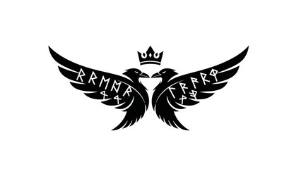 Norse Mythology Raven Emblem with Runes and Crown
