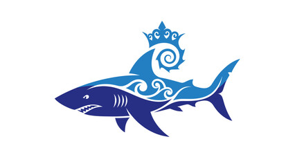 Tribal shark with a crown and waves, isolated on white.