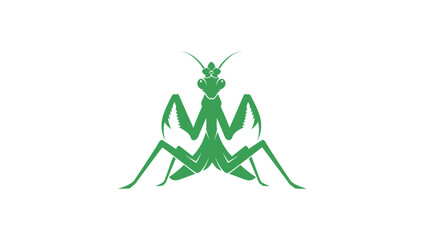 Stylized green praying mantis illustration on a white background.