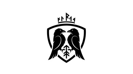 Black raven shield crest with crown and runes