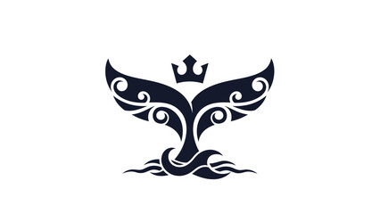 Majestic whale tail emblem with crown and ocean waves.