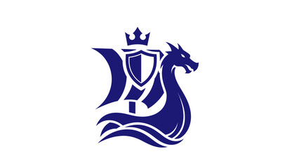 Viking ship with dragon head and royal crest logo.