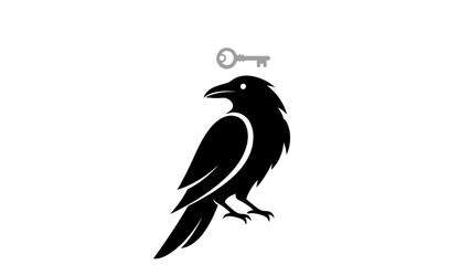 Black raven with key above its head, a symbol of wisdom and solution