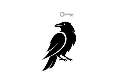 Black raven with a key above its head, minimalist logo design.