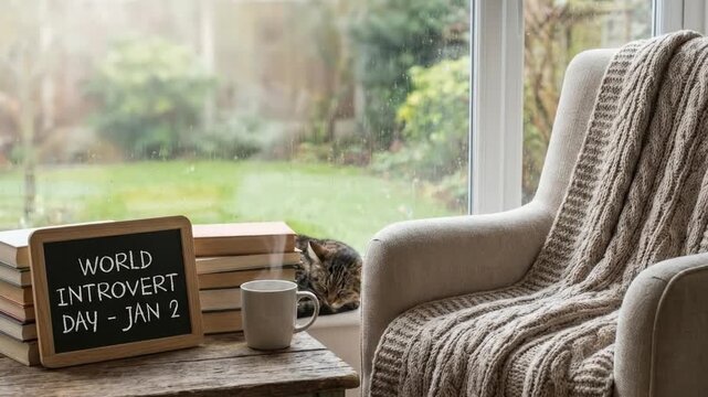 A serene and inviting indoor scene, perfect for a cozy retreat, featuring a steaming cup next to a window with visible rain streaks outside. A stack of classic books, complete with reading glasses res