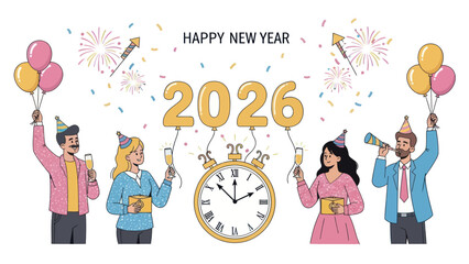 Happy New Year 2026 Celebration with Festive People and Fireworks