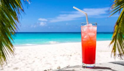 Obraz premium Cocktail on tropical beach with sea and blue sky background.