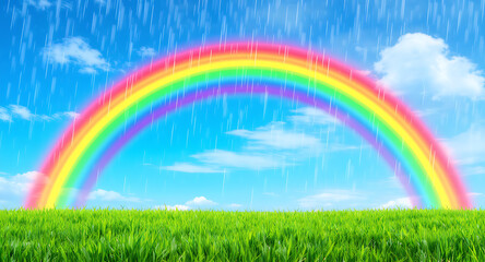 Fototapeta premium Vibrant Rainbow Arches Over Lush Green Field with Gentle Rain and Blue Sky.