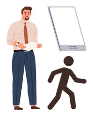 Businessman reading paper, stylized smartphone, and walking stick figure. Ideal for business, technology, communication, mobility, productivity workflow user interface. A simple flat metaphor