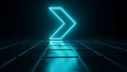Vibrant neon arrow illuminates a dark, reflective digital grid floor, symbolizing progress.