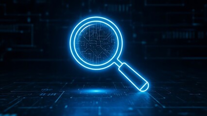 Advanced digital search and data analysis concept with luminous magnifying glass icon.
