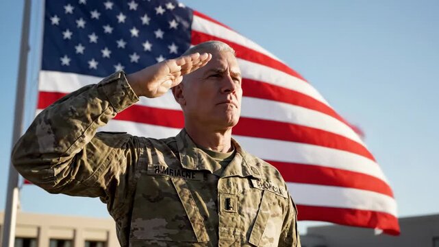 Veteran Saluting the American Flag - A mature man in camouflage military uniform stands outdoors and salutes with a large American flag waving behind him.
