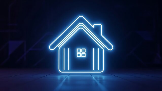 Futuristic neon blue house outline representing smart home technology or realty. - Powered by Adobe