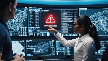 Remote Water Pipeline Control Center - Two people in a control center monitor live leak detection reports from a remote water pipeline, displayed on multiple screens. - Powered by Adobe