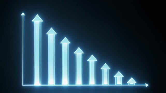 Declining Trend Neon Arrow Chart on Dark Background.