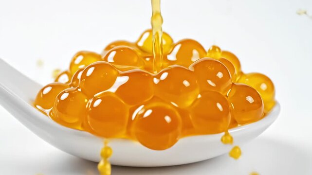 Mango Popping Boba Pearls - This close-up shot features mango popping boba pearls filling a white ceramic spoon, with a droplet of concentrated juice falling onto the glossy spheres.
