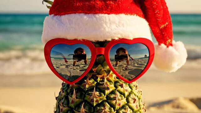 Festive Pineapple Beach Holiday - A pineapple wearing a red Santa hat and heart-shaped sunglasses sits on a sandy beach.