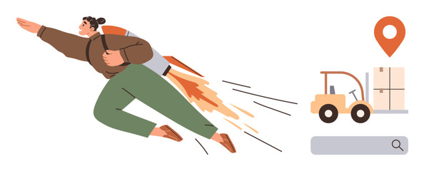 Individual wearing a jetpack flying forward, forklift transporting boxes, and map pin highlighting logistics. Ideal for delivery, shipping, logistics, e-commerce, futuristic technology