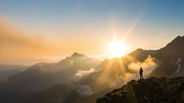 A solitary figure stands silhouetted against a breathtaking sunrise or sunset on a rugged mountain peak, gazing out at a vast landscape of majestic, mist-shrouded ranges. Golden rays pierce through at