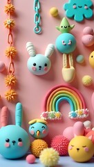 Naklejka premium Colorful claymation-style arrangement of quirky handmade objects, soft textures, playful modeling-clay look, friendly and childlike aesthetic suitable for educational or creative-brand use.