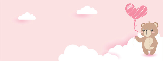 Cute bear hold heart balloon with cloud pink pastel background. Adorable hand draw character for Valentine's day, invitation card, Valentine card and web banner. vector illustration flat design.