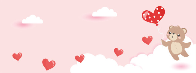 Cute bear hold heart balloon with heart cloud on pink background. Adorable hand draw character for Valentine's day, invitation card, Valentine card and web banner. vector illustration flat design.