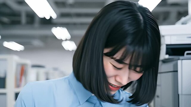 ビジネスウーマン 落ち込む ため息 失敗 オフィス ミス 後悔 下を向く