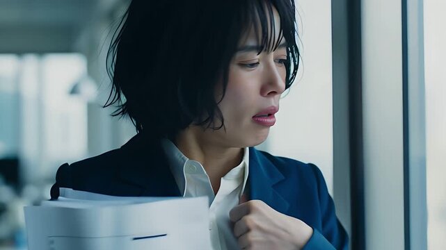 ビジネスウーマン 窓際 ブラインド 考える 不安 待つ 横顔 オフィス