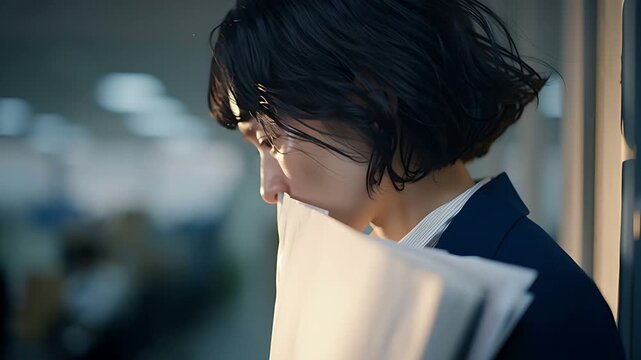 ビジネスウーマン 疲労 書類 ため息 オフィス ストレス 残業 悩み 横顔