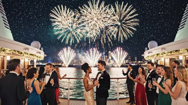 Elegant Evening Celebration on Luxury Cruise - Passengers in formal evening wear dance on the deck of a luxury cruise ship under a starry night sky.