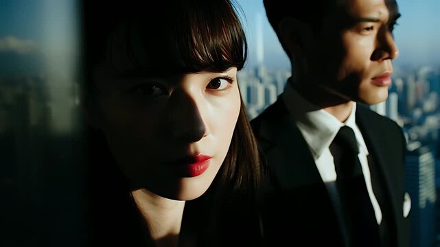 ビジネス 男女 夜景 窓 反射 真剣 クローズアップ 見つめる 都市