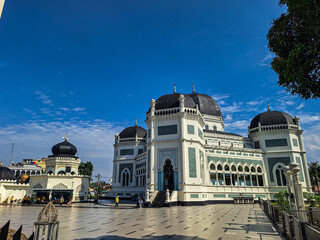 The beautiful view of Great Mosque of Medan or Masjid Raya Al Mashun is a mosque. Landmark and largest mosque in Medan, North Sumatra, Indonesia.
