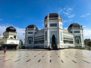The beautiful view of Great Mosque of Medan or Masjid Raya Al Mashun is a mosque. Landmark and largest mosque in Medan, North Sumatra, Indonesia.