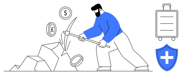 Wealth creation, investment strategies, financial security, cryptocurrency mining, economic growth, and fintech. A man mining coins with a pickaxe by a shield and briefcase. Wealth creation