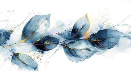 Elegant Blue Watercolor Leaves with Gold Accents Abstract Art