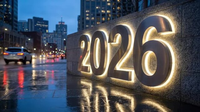 A striking low-angle shot captures the illuminated metallic numbers "2026" prominently affixed to a textured stone facade in a modern urban environment. The warm glow emanating from the numbers create