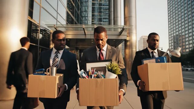 Businessmen Leaving Office with Boxes - Three businessmen in dark suits and ties are shown leaving a modern office building.