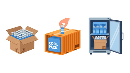 Shipping and storage of bottled beverages with cooling packs and a refrigerator