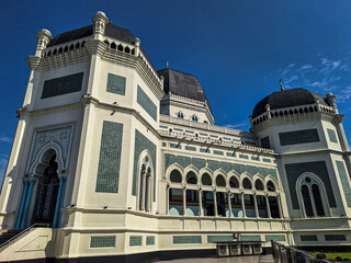 The beautiful view of Great Mosque of Medan or Masjid Raya Al Mashun is a mosque. Landmark and largest mosque in Medan, North Sumatra, Indonesia.