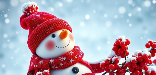 Jolly snowman in red hat and scarf playfully presents winter berries against snowy backdrop, seasonal, joy