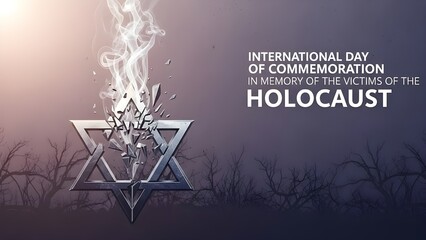 Remembering the Holocaust victims with a shattered Star of David and ethereal smoke, honoring remembrance and resilience in solemn commemoration