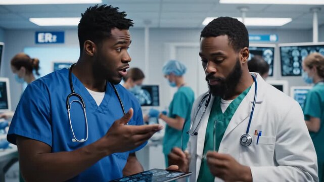 Doctors Reviewing Patient Files in ER - Two African American doctors are examining patient files and scans displayed on a tablet in a busy emergency room.