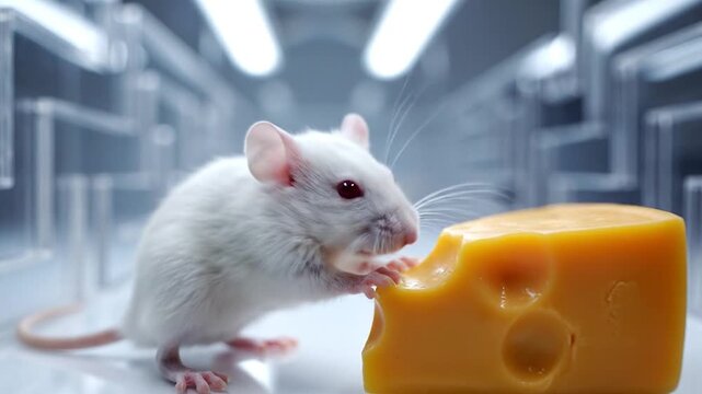 White mouse and cheese in a sterile labyrinth environment
