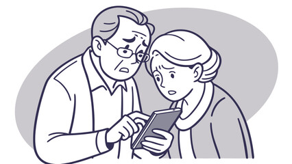 Simple illustration of elderly people struggling with electronic devices. Vintage. Old man. Old woman. Smartphone. Nuisance calls. Spam. Apps. Stocks. Gambling.
