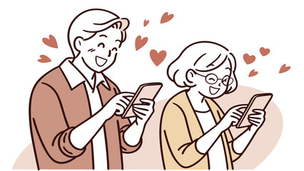 Simple illustration of an elderly person enjoying dating using a smartphone. App. Internet. Communication.　