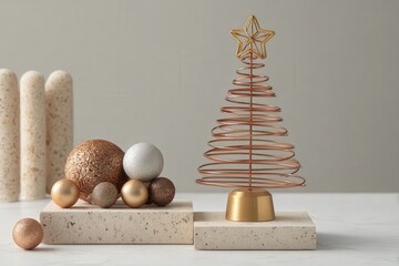 Modern holiday decorations featuring copper wire tree and assorted metallic spheres arranged on stone pedestals