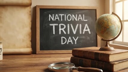 A thoughtfully arranged static scene capturing a vintage academic aesthetic, featuring a wooden desktop bathed in soft natural light. A prominent blackboard in a wooden frame displays the phrase 'Nati