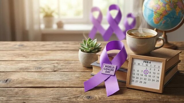 A thoughtful close-up composition features a vibrant purple awareness ribbon resting prominently on a stack of antique books on a rustic wooden desk. The scene is beautifully illuminated by soft, natu