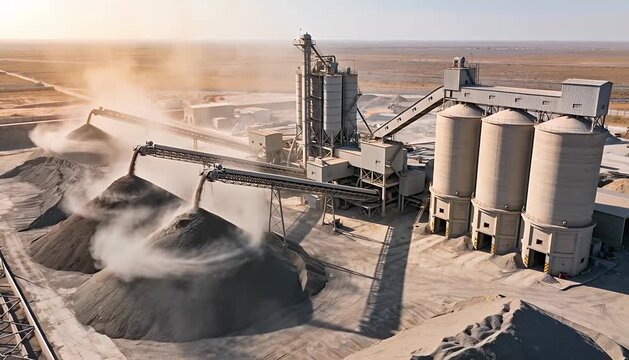 Industrial aggregate processing plant with conveyor belts moving gravel and dust clouds industrial plant,.